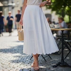 Tweeds White Linen Rayon Floral Embroidered Hem‎ Lined Maxi Dress